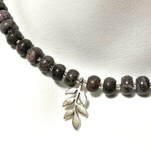 Dark Larvikite Silver Leaf Branch Necklace, Genuine Gemstone Beaded Necklace